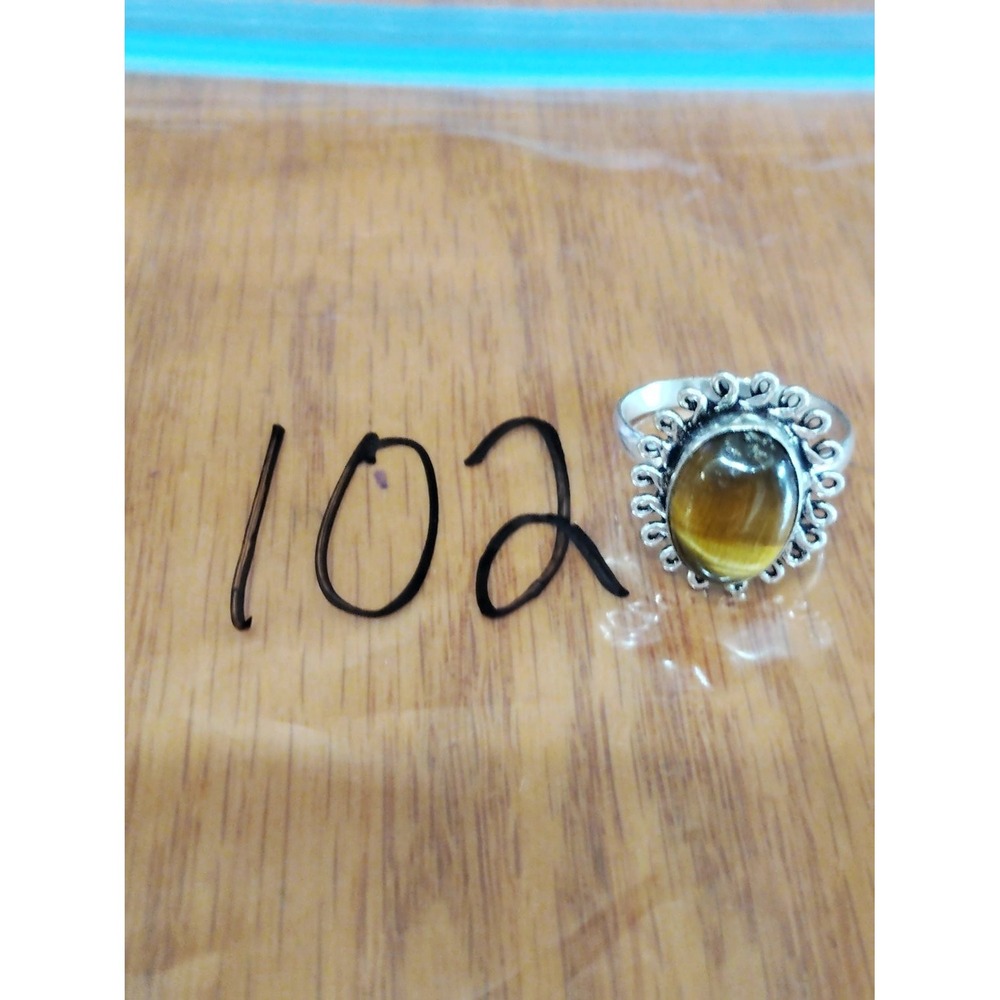 Vintage 925 Tigers Eye Cabochon Scroll Halo Ring Size 9.5 Brown Womens